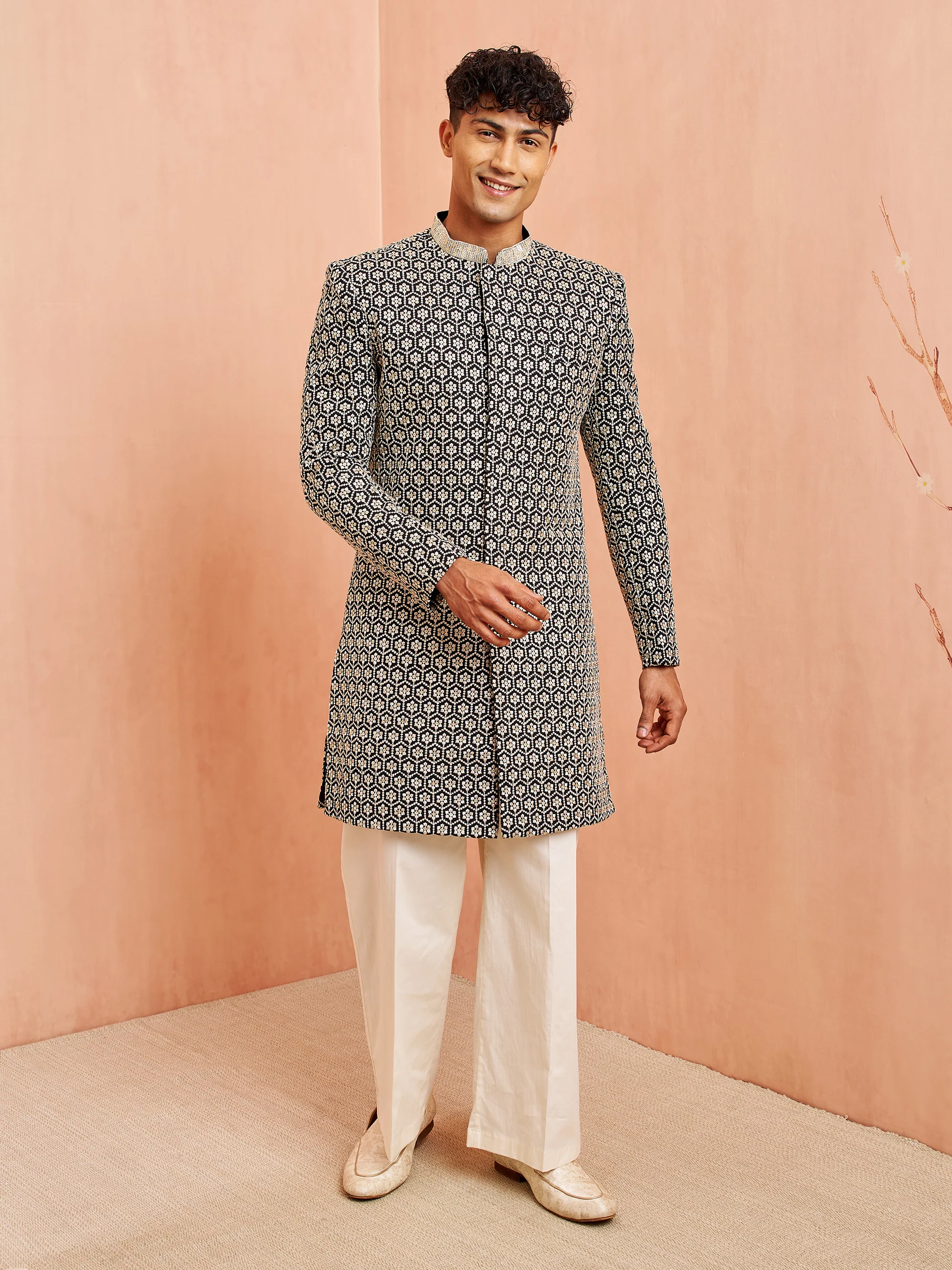 Men's Black Indo-Western with Cream Pant Set - Image 3
