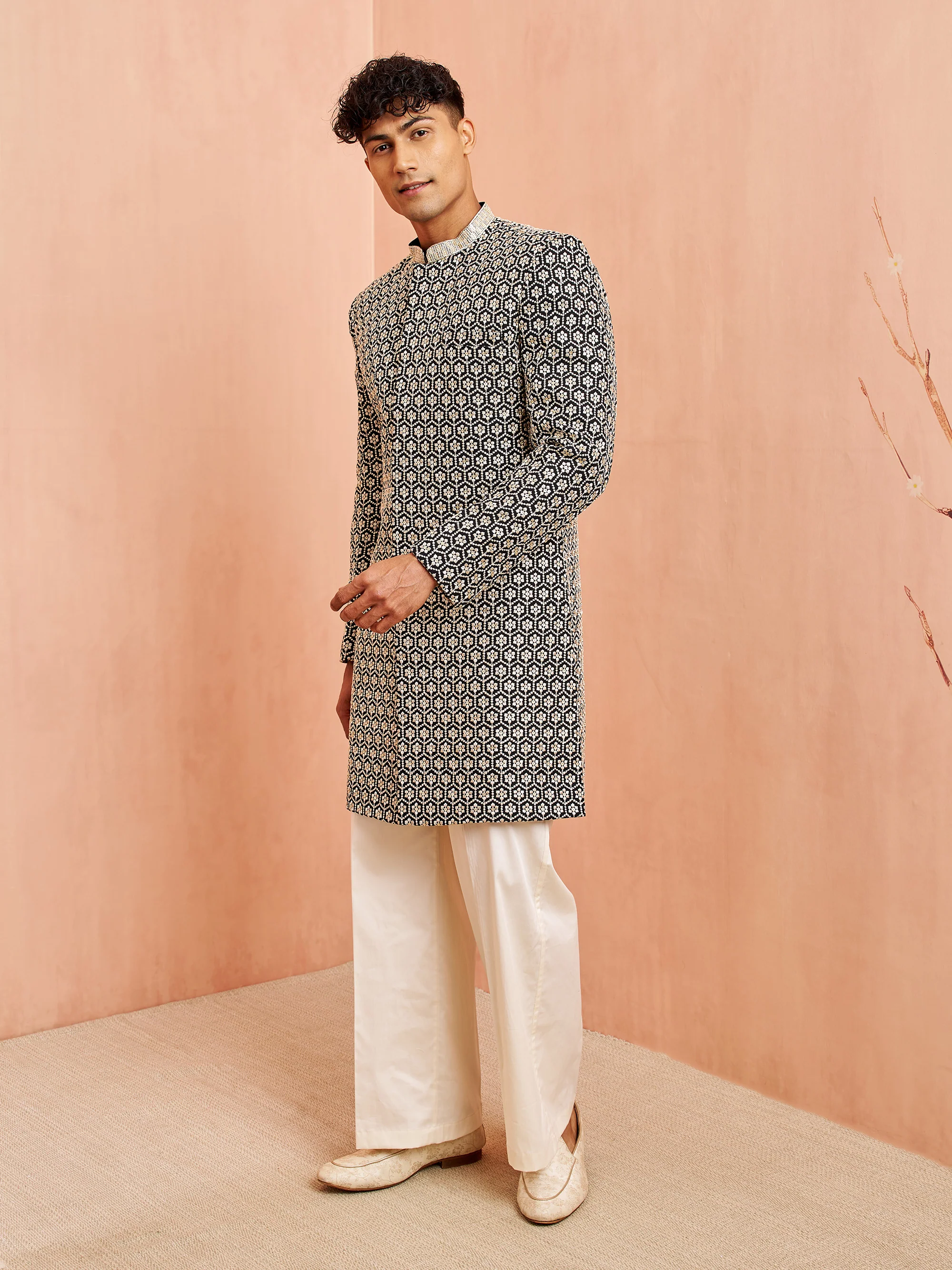Men's Black Indo-Western with Cream Pant Set - Image 4