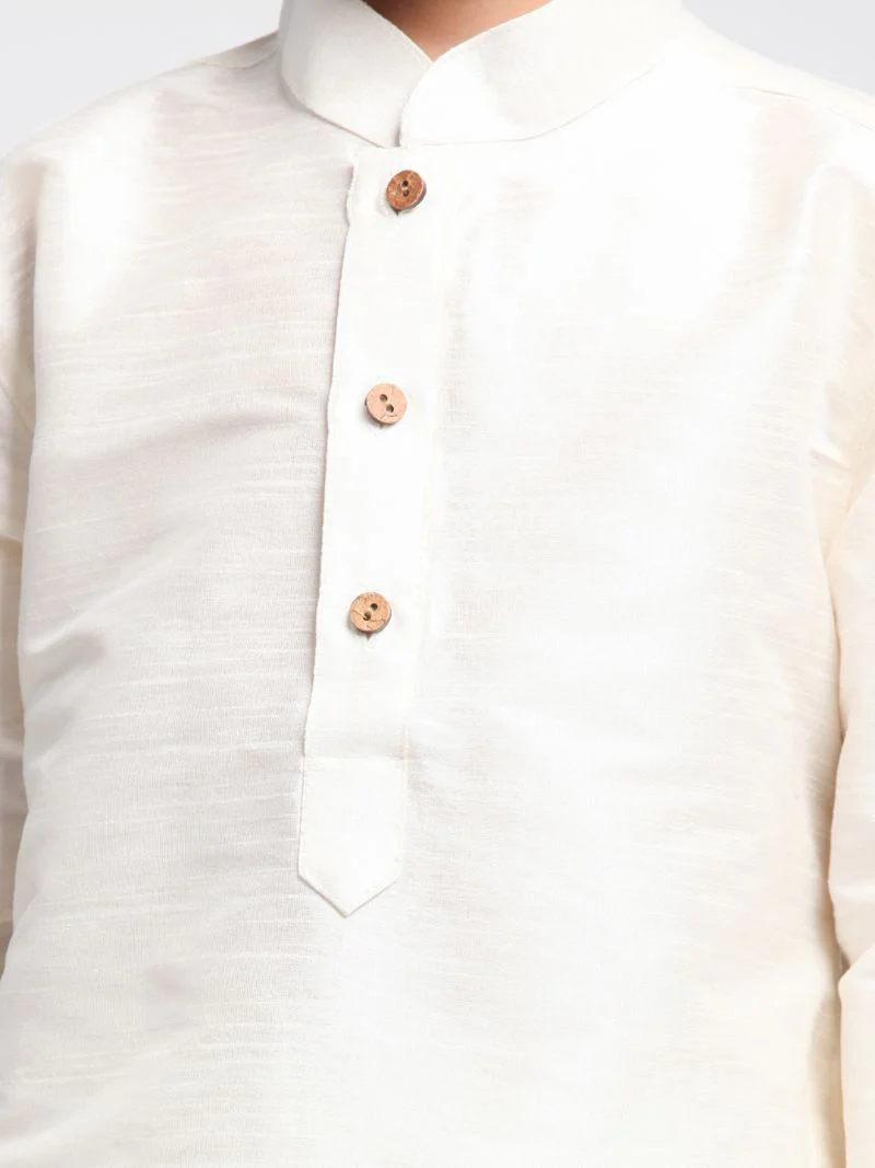 Boys' Cream Cotton Silk Blend Kurta and Pyjama Set - Image 3