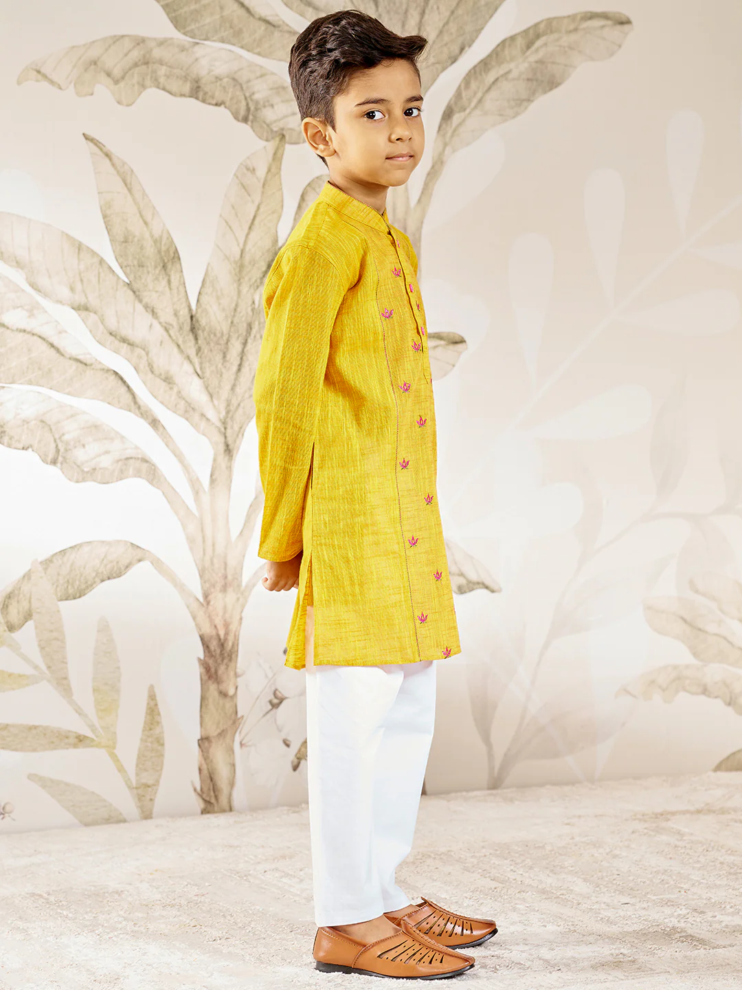 Boy's Mustard Embroidered Cotton Kurta Pyjama Set - Image 3