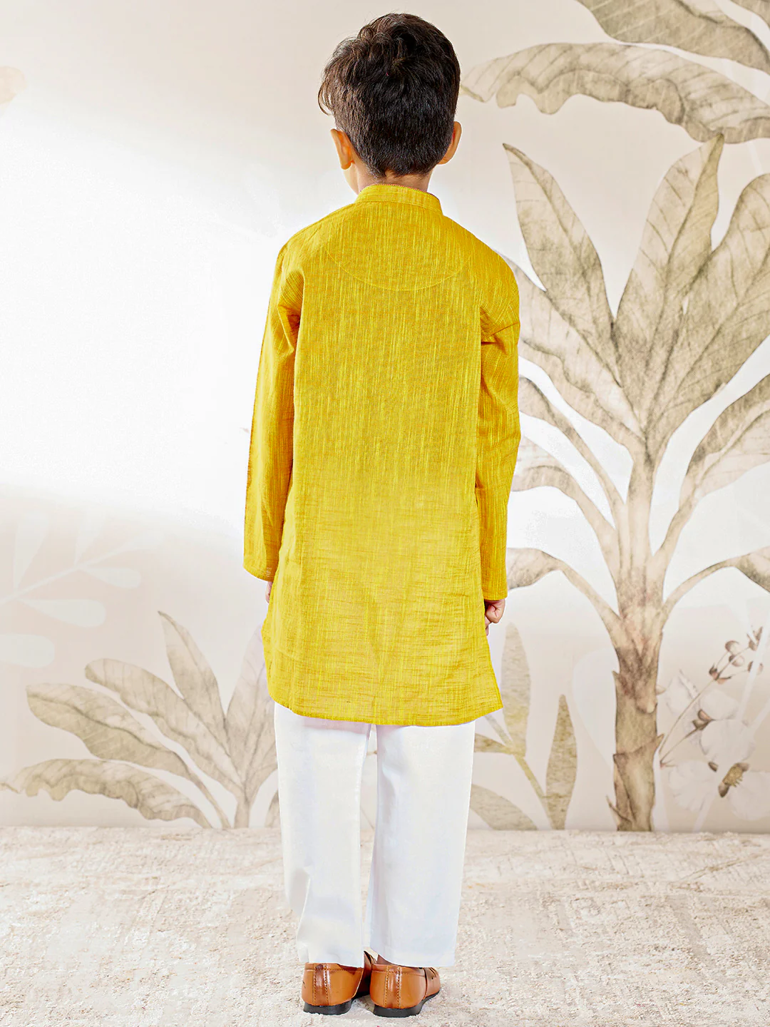 Boy's Mustard Embroidered Cotton Kurta Pyjama Set - Image 4