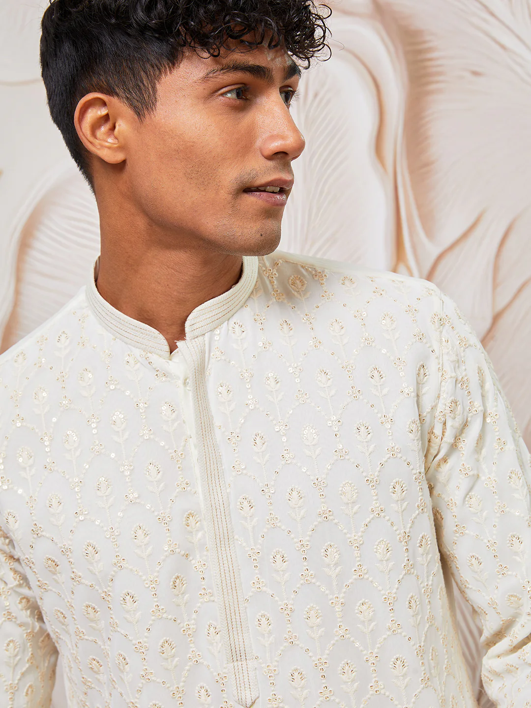 Men's Cream Georgette Only Kurta - Image 3