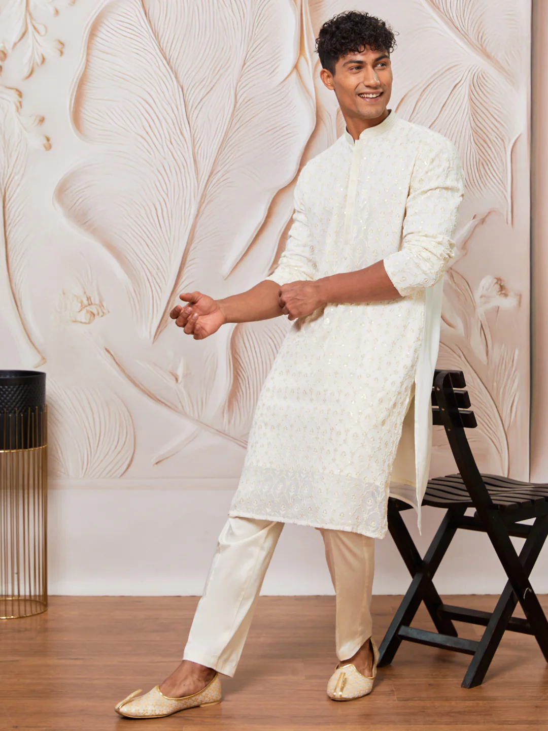 Men's Cream Georgette Only Kurta - Image 4