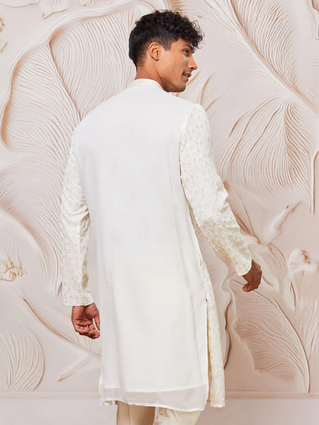 Men's Cream Georgette Only Kurta - Image 5