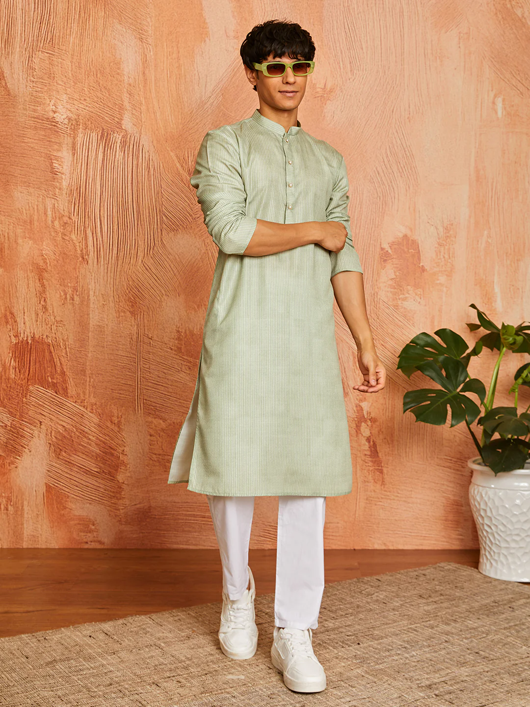 Men's Green Cotton Blend Kurta - Image 4