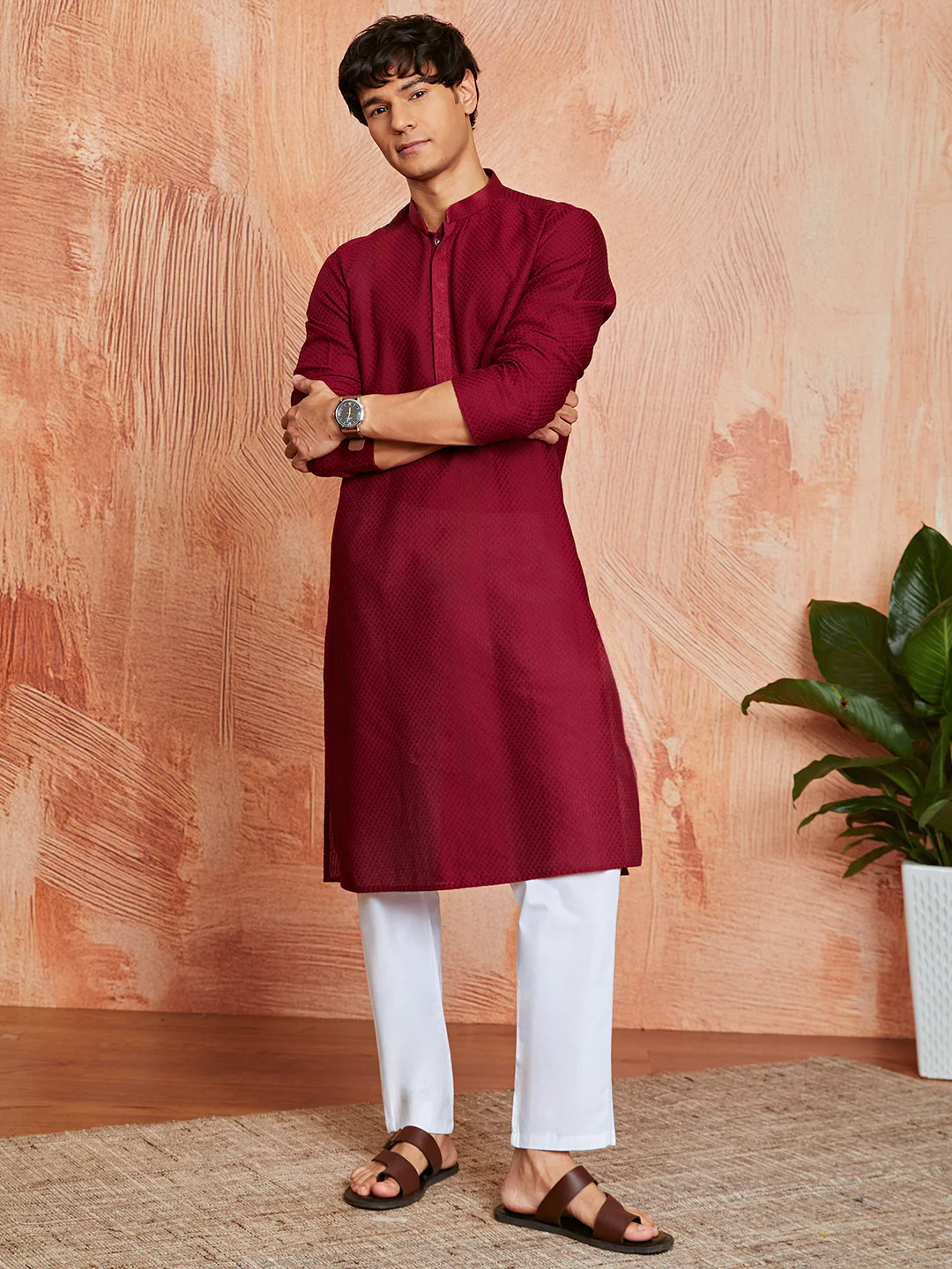 Men's Maroon Cotton  Kurta - Image 4