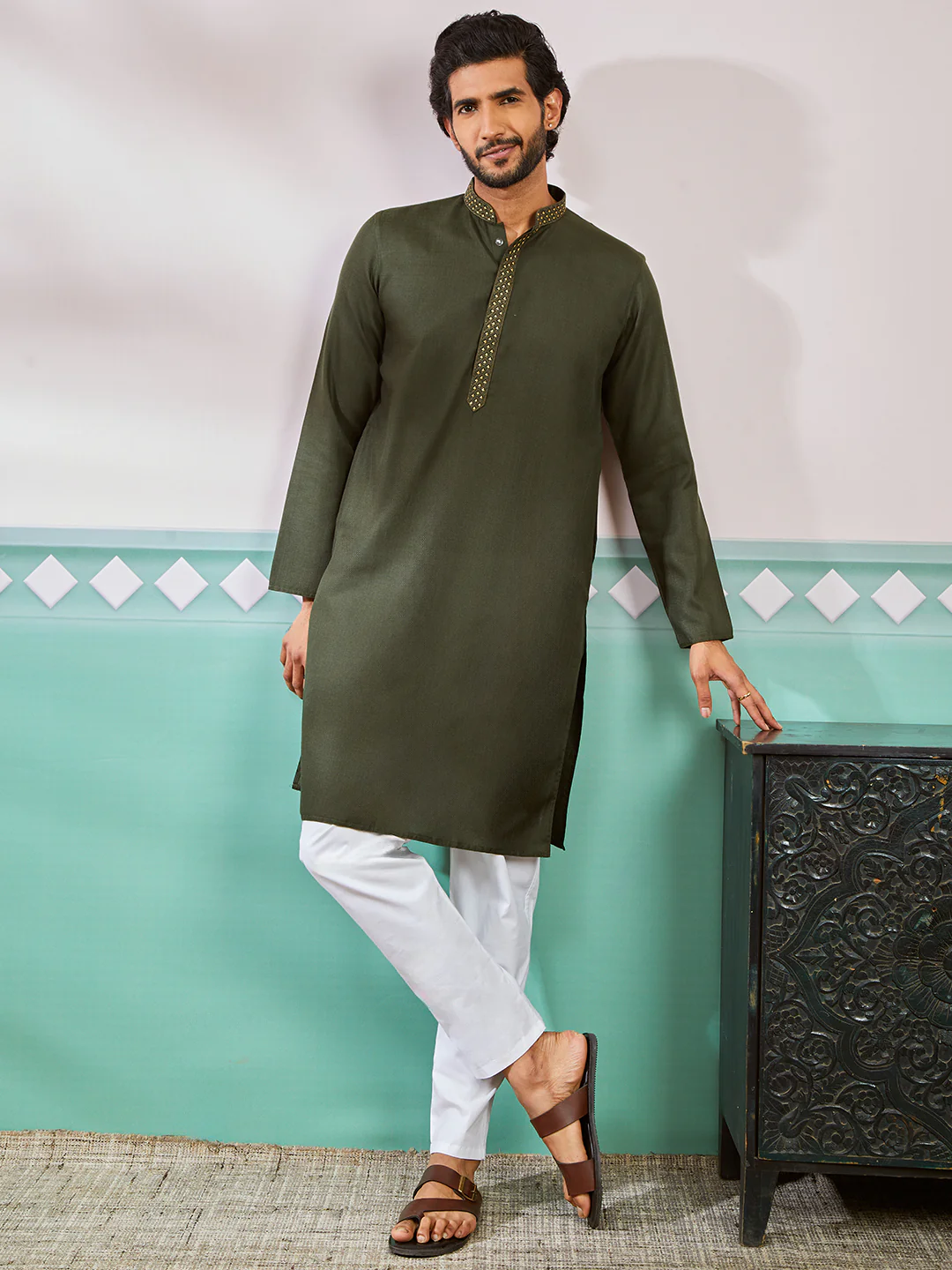 Men's Mehendi Green Cotton Blend Kurta - Image 3