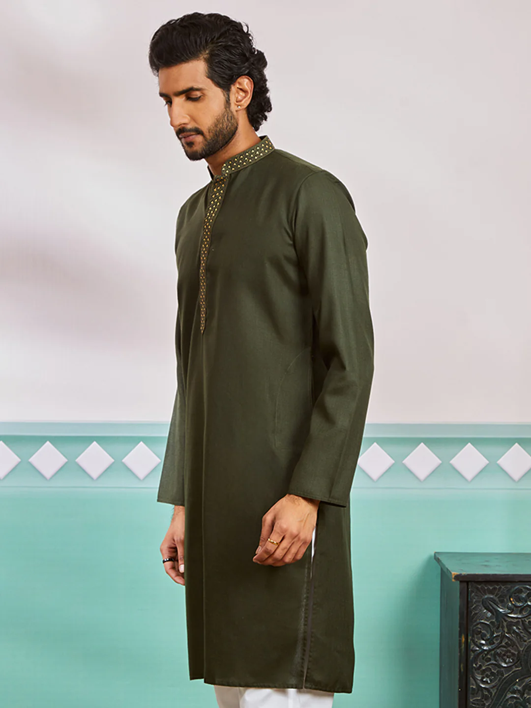 Men's Mehendi Green Cotton Blend Kurta - Image 4