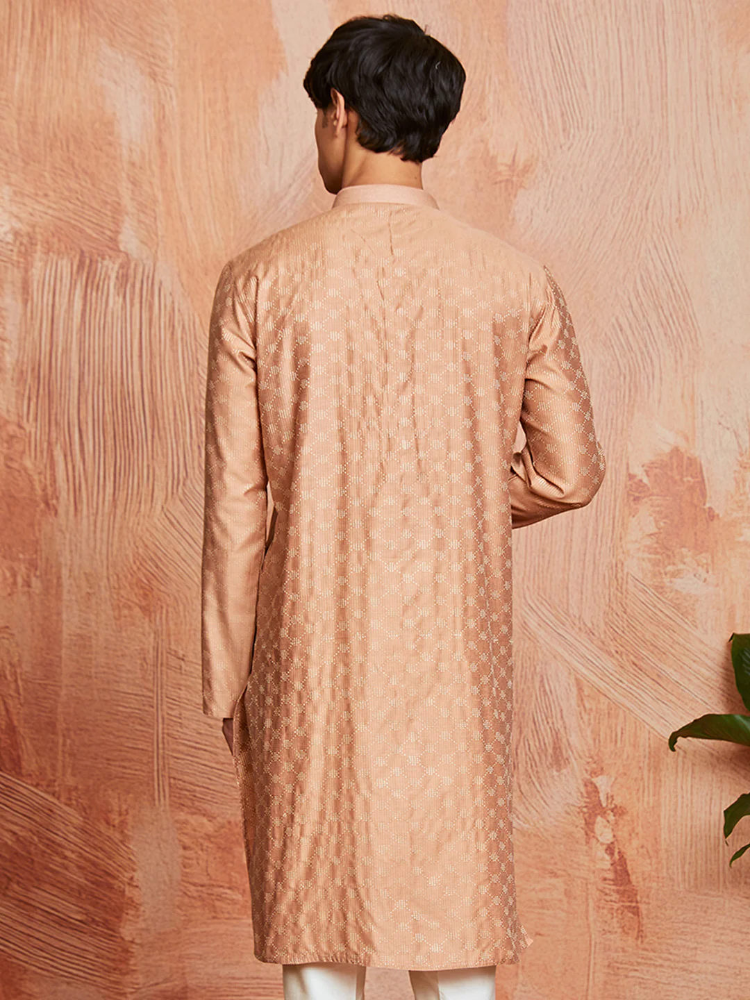 Men's Peach Silk Blend Kurta - Image 3