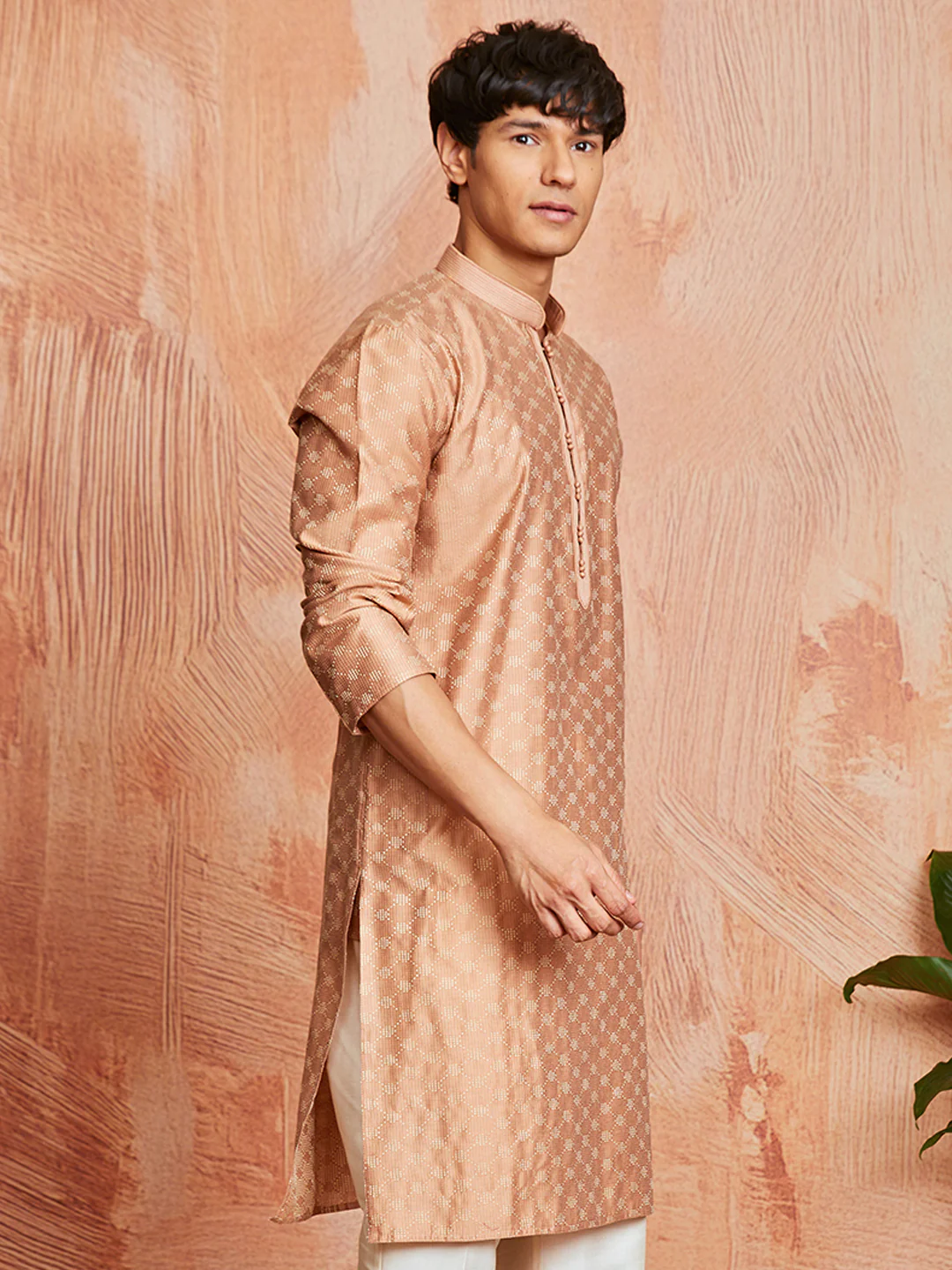 Men's Peach Silk Blend Kurta - Image 4