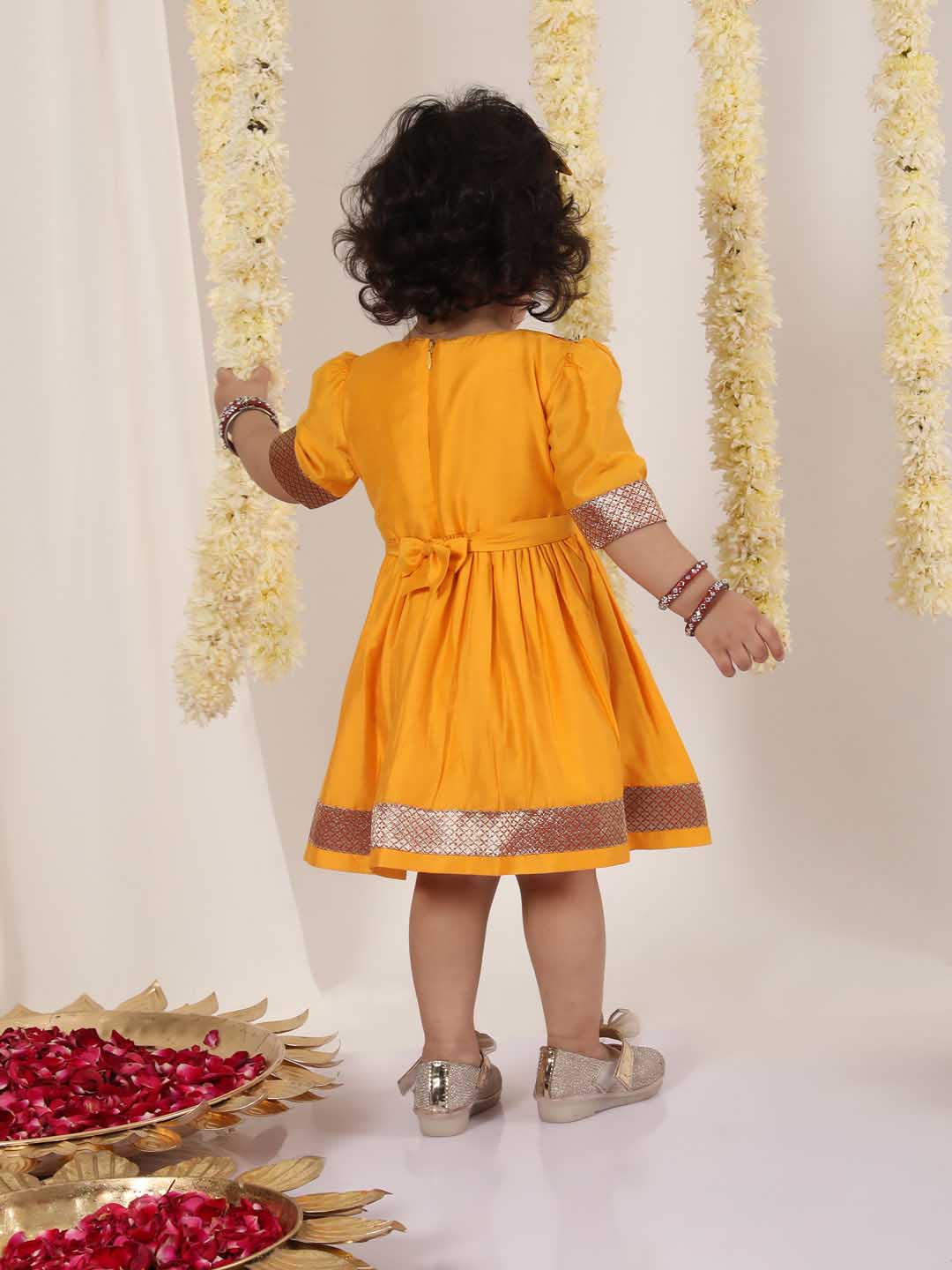 Girl's Red And Yellow Banarsi Frock - Image 3