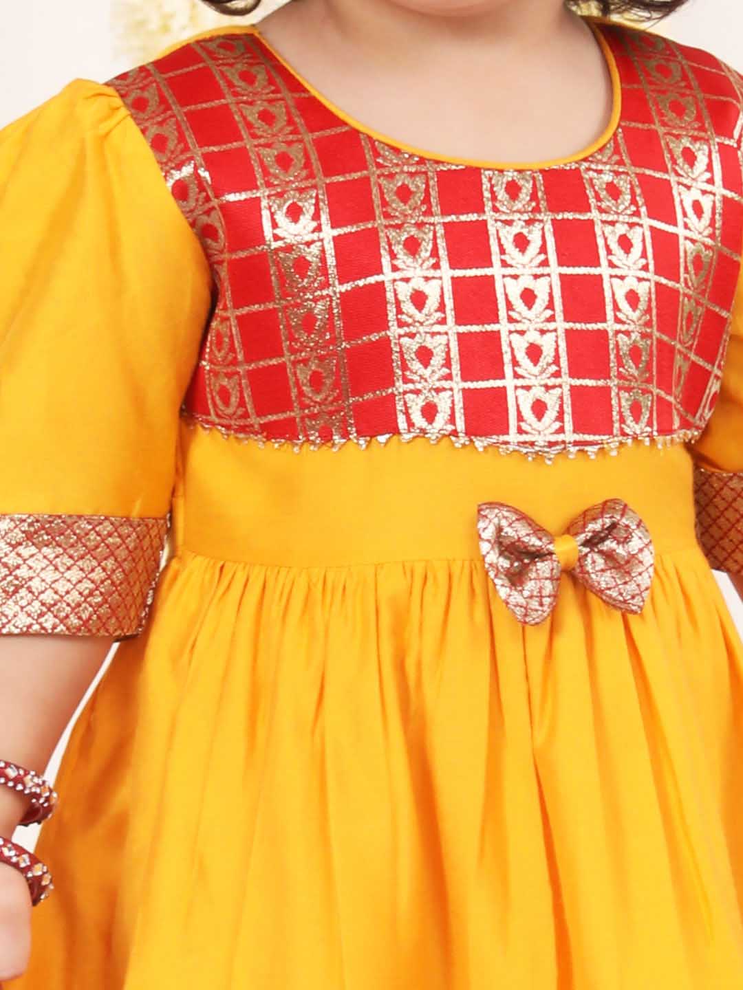 Girl's Red And Yellow Banarsi Frock - Image 4