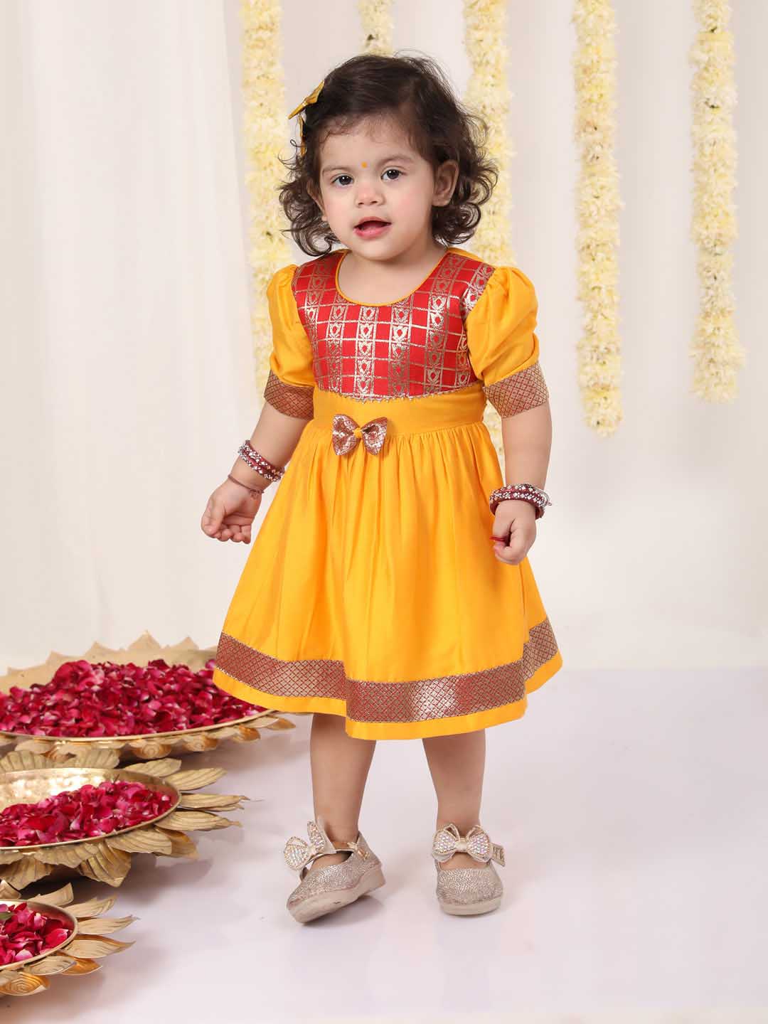 Girl's Red And Yellow Banarsi Frock - Image 5
