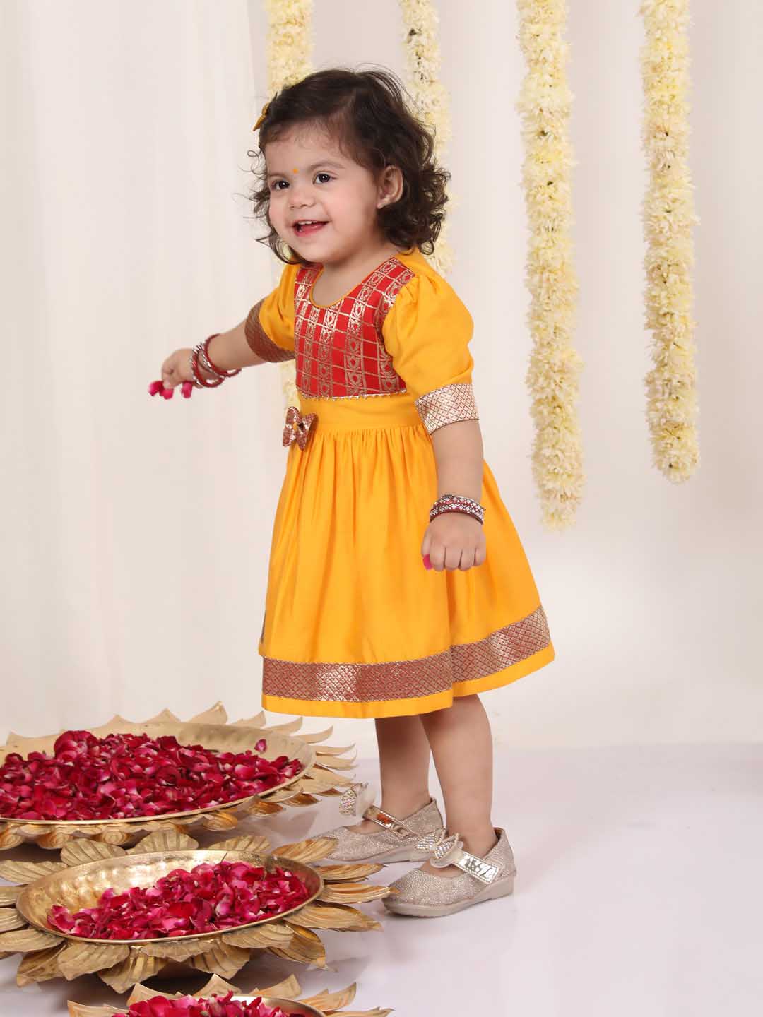 Girl's Red And Yellow Banarsi Frock - Image 6